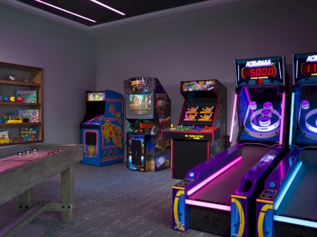 The image shows a game room with arcade machines, a shuffleboard, and board games on shelves.