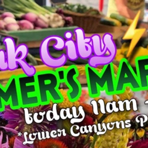 Park City Farmer's Market is open today from 11am to 5pm at Lower Canyons Parking Lot, featuring fresh produce booths.