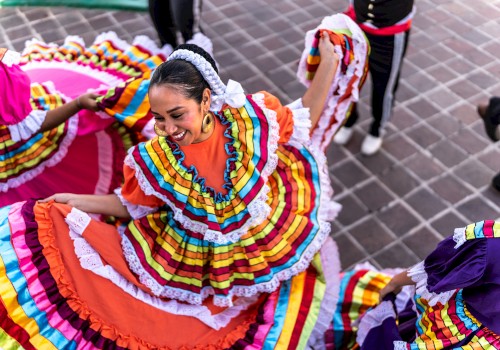 A person dancing in a vibrant, traditional Mexican dress with colorful layers and lace trim, surrounded by others in lively attire.